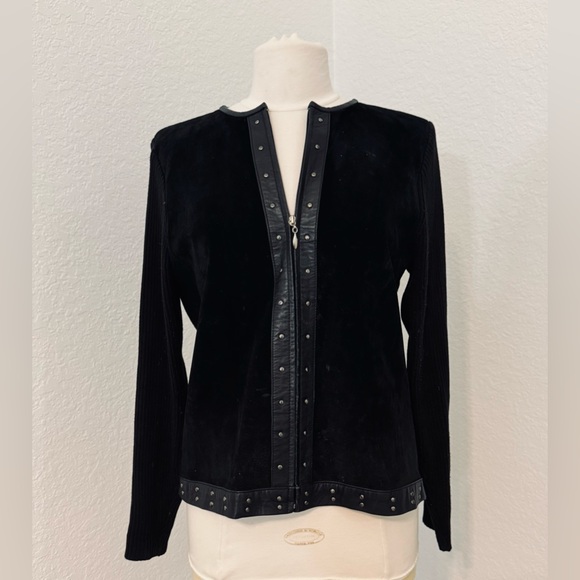 Jackets & Blazers - Vintage Escapade Suede Front Knit Sweater Jacked With Studded Leather Trim - L